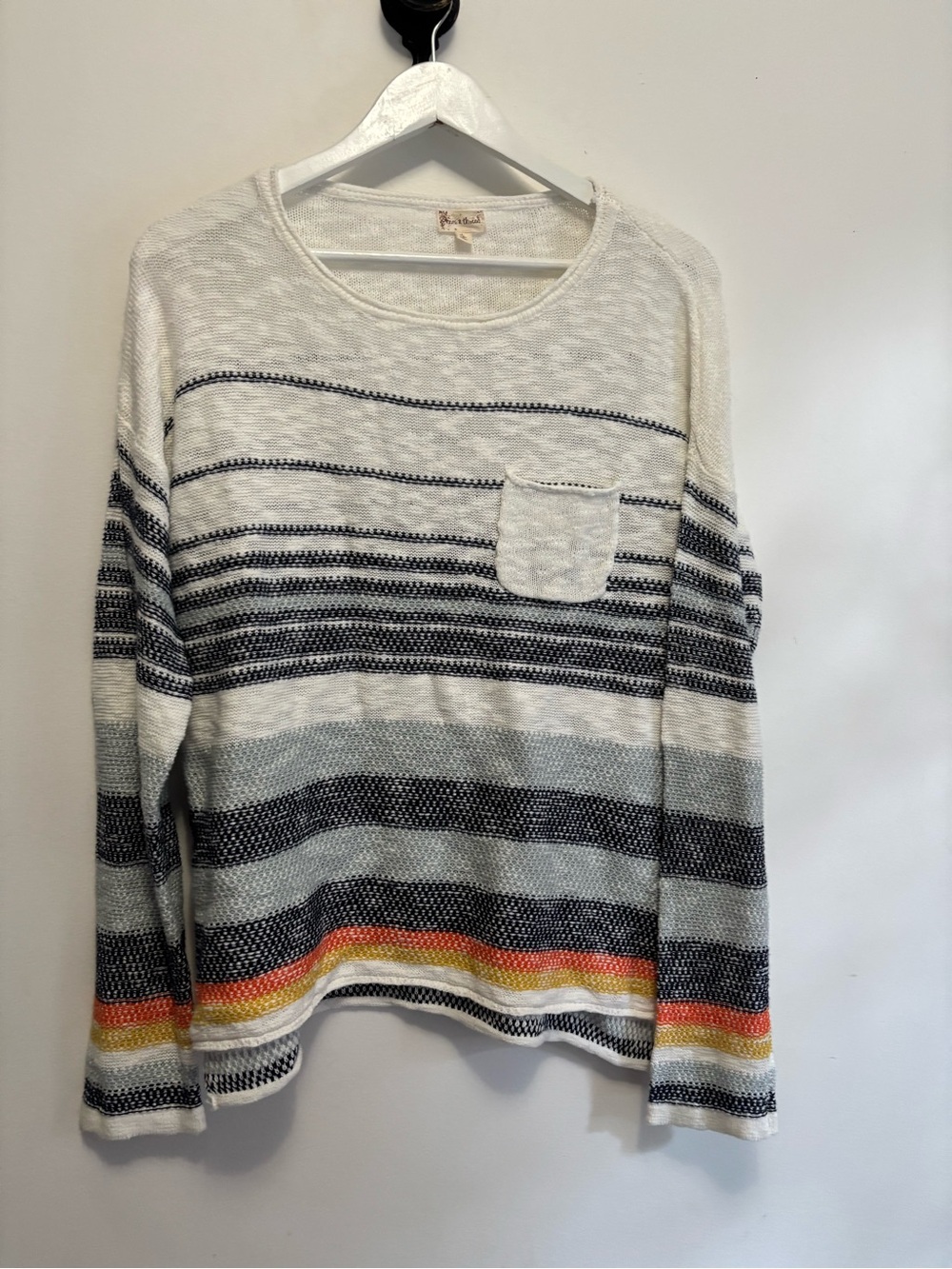 100% Cotton Striped Pullover Sweater - White with Navy & Multicolour Stripes